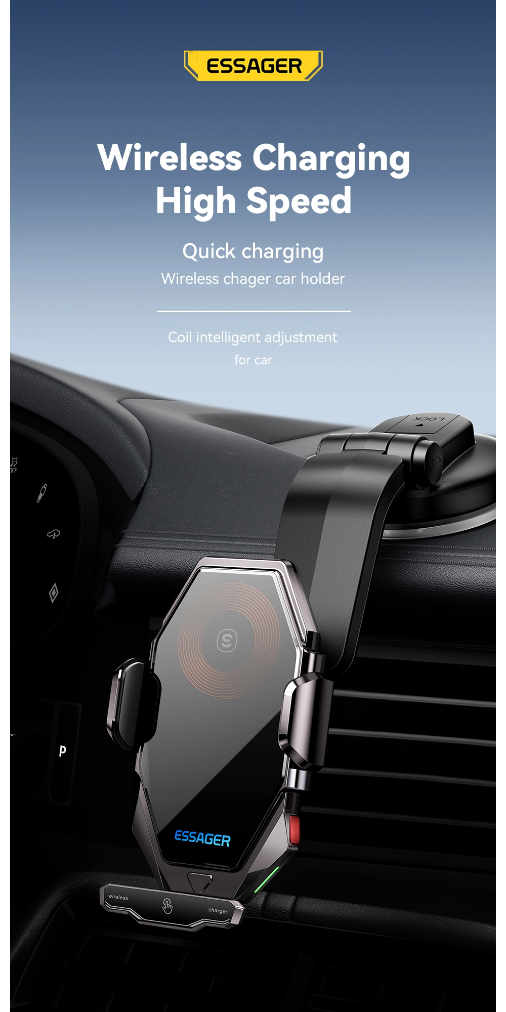 ESSAGER T7 Series 15W Best Wireless Car Phone Charger for Car