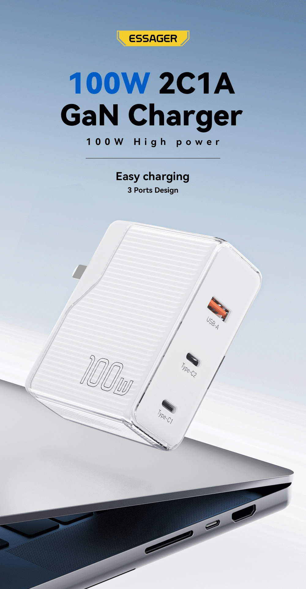 ESSAGER ES-CD32 Series 100W PD3.1 QC4.0 GaN Charger Super Fast Wall Charger