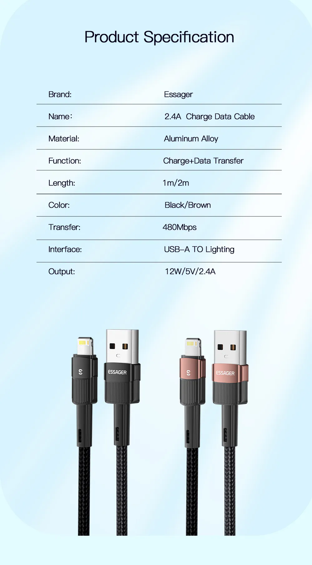 ESSAGER ES-X18 Series A-L 12W iPad iWatch iPhone USB A to Lightning Cable