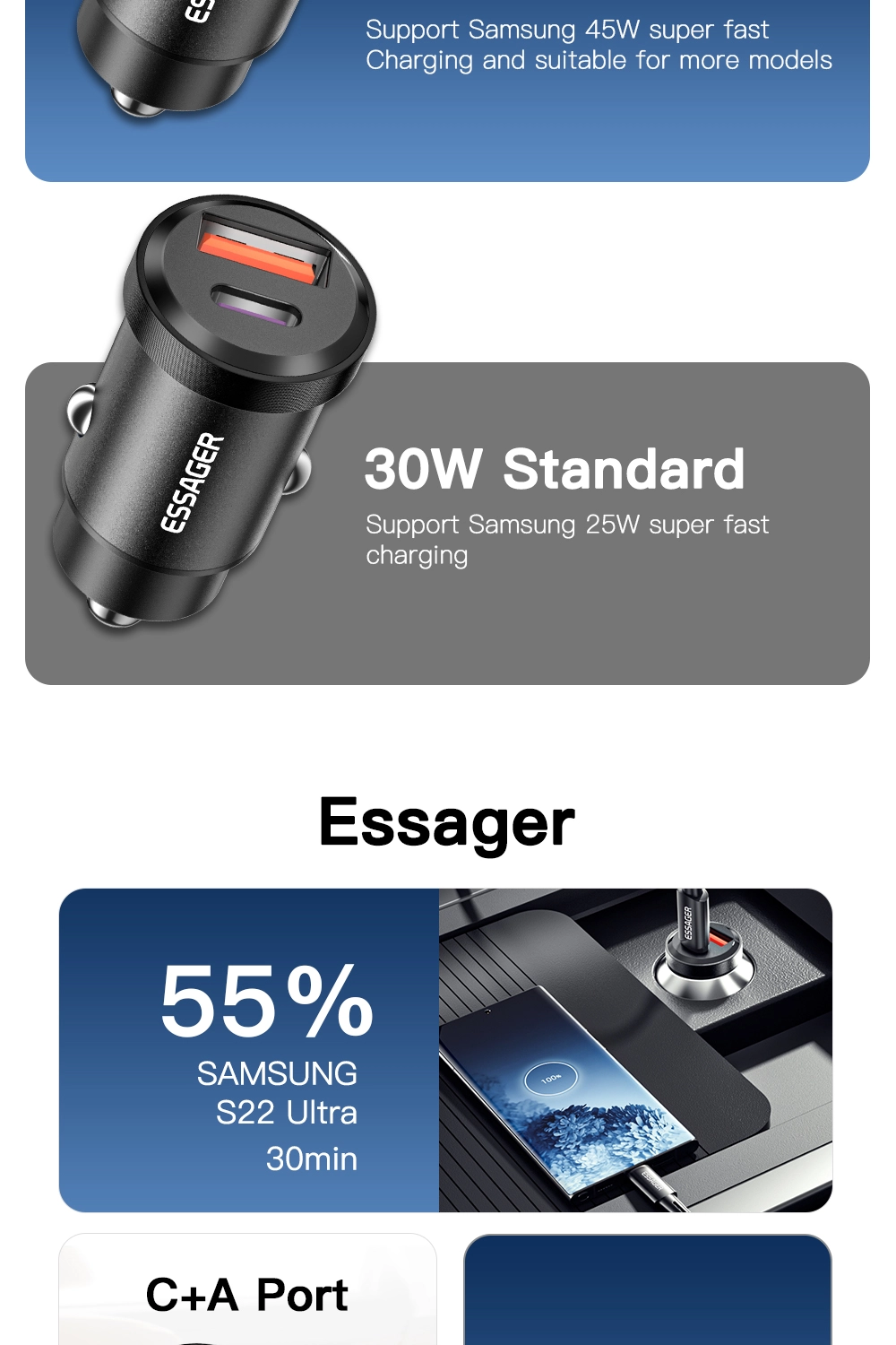 ESSAGER ES-CC07 Series 30W 45W USB A USB C Best Car Phone Charger
