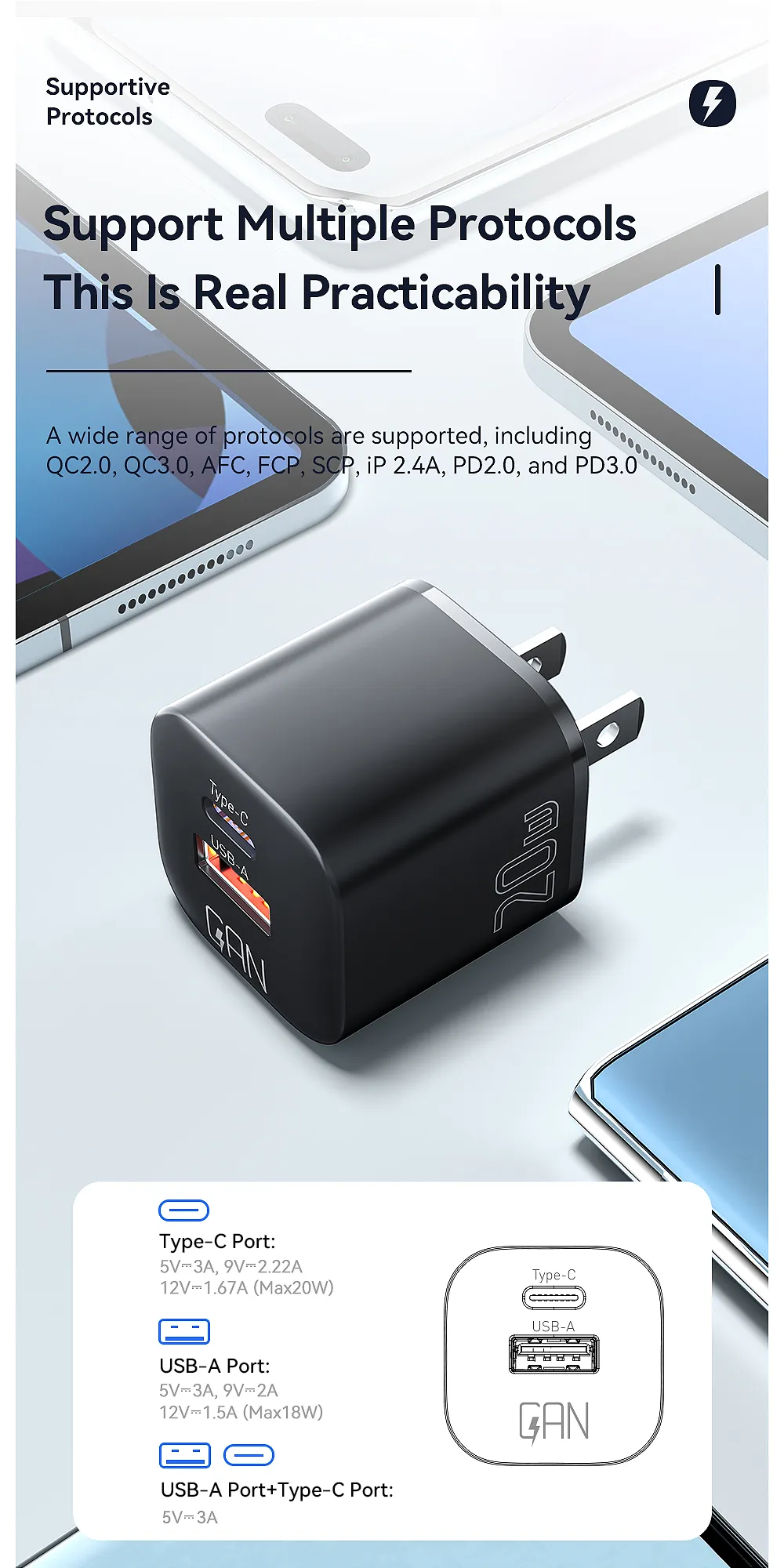 ESSAGER ES-CD31 Series 20W PD3.0 QC3.0 GaN Charger USB A Type C USB C Phone Charger